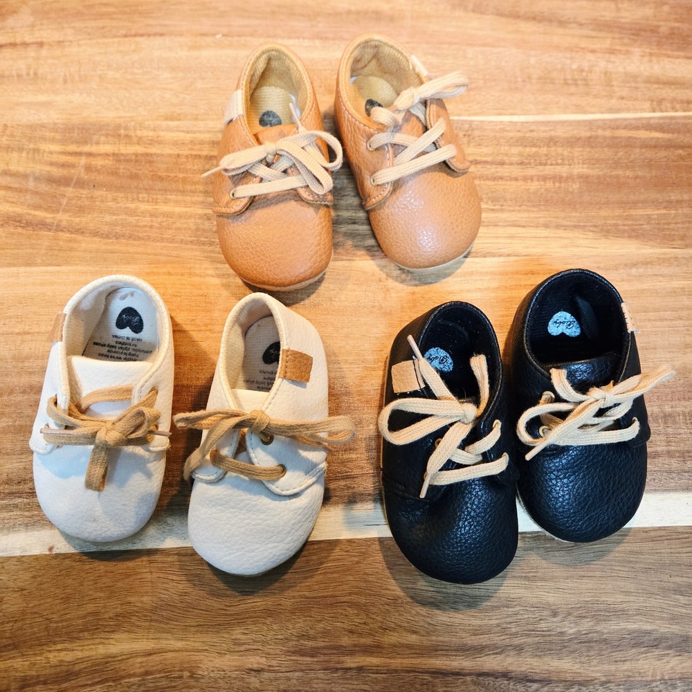 Lot of 3 Lightweight Lace Up Baby Sneakers 6-12 Months Soft Sole Faux Leather
